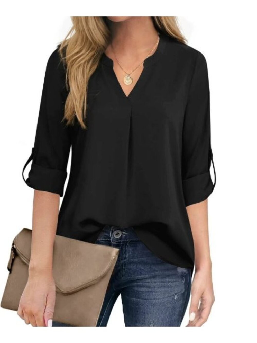 Black Blouse Womens XL V Neck Roll Tab Sleeve Chiffon Work Top
